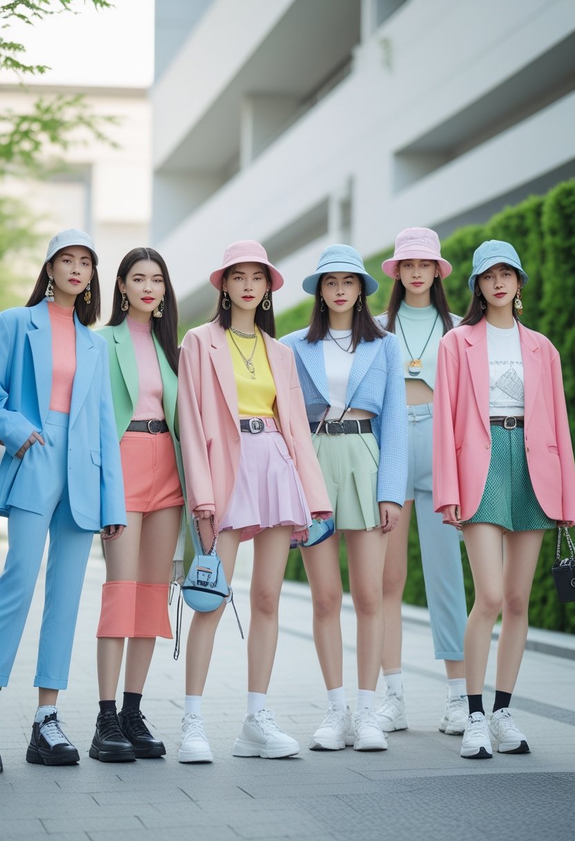 A group of young adults posing outdoors wearing fashionable contemporary clothing in an urban setting.